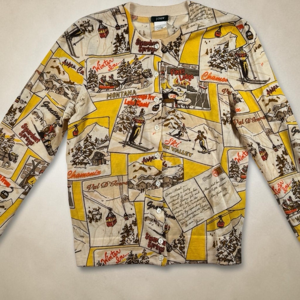 J.Crew 2007 Postcard Ski Sun Valley Merino Wool Cardigan Sweater S Rare